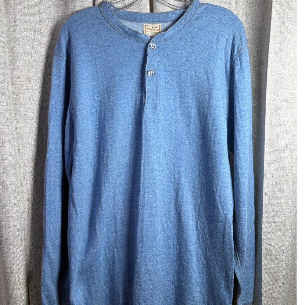 LL Bean River Driver's Shirt Mens Large Tall Blue Henley Wool Blend Made in USA - Picture 2 of 7